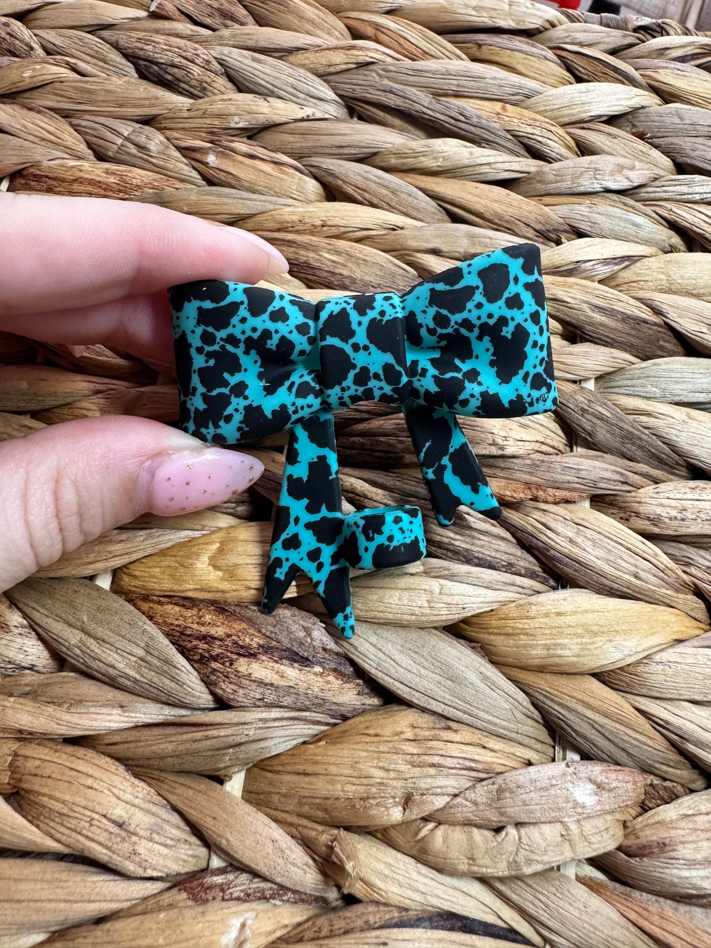 Bow Straw Topper - Teal Cow Print
