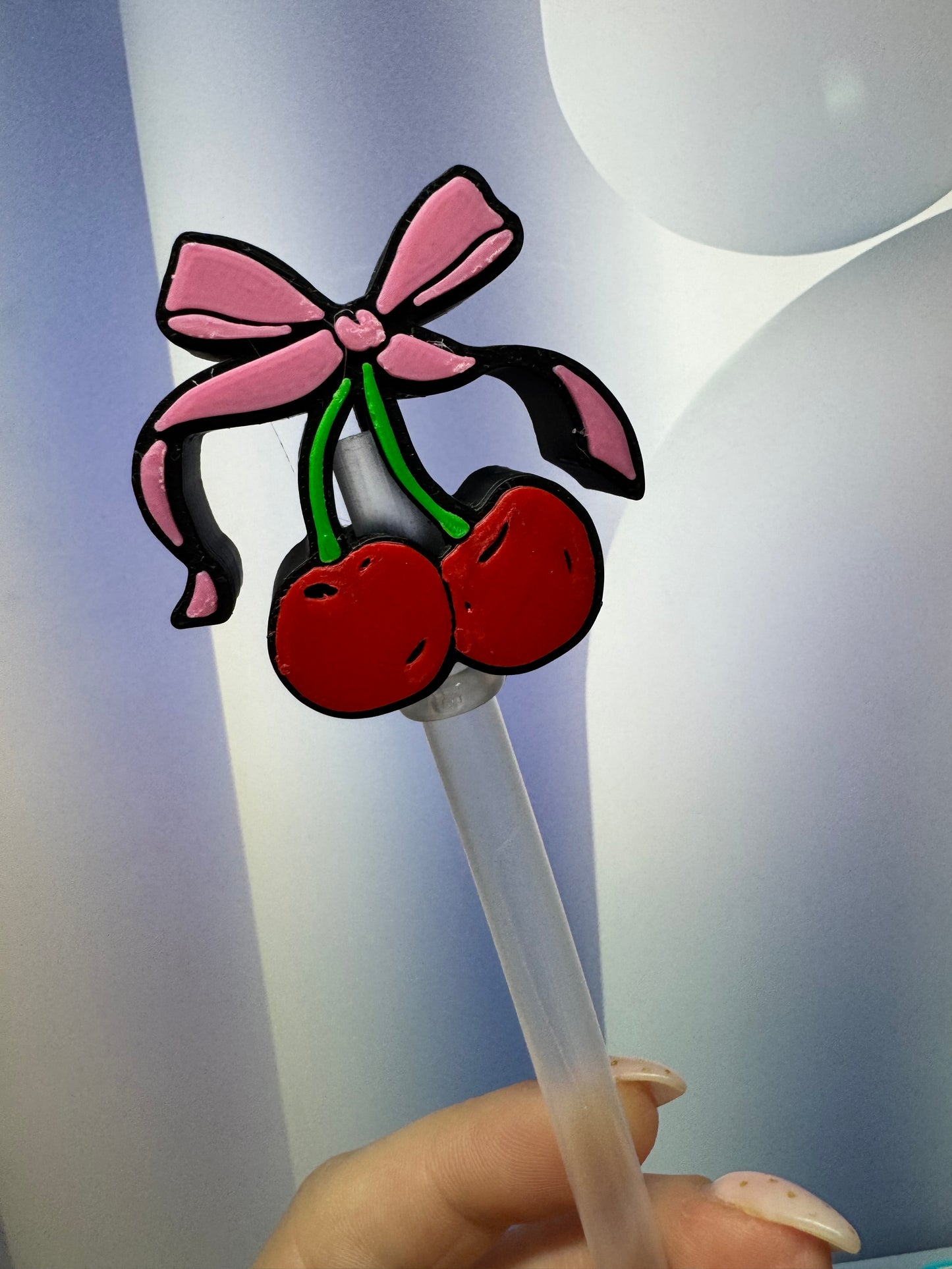 3D Cherries with Bow Straw Topper