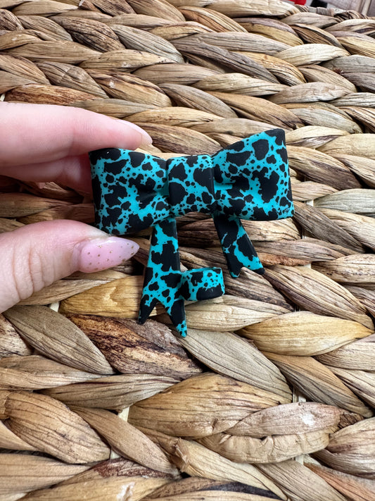 Bow Straw Topper - Teal Cow Print