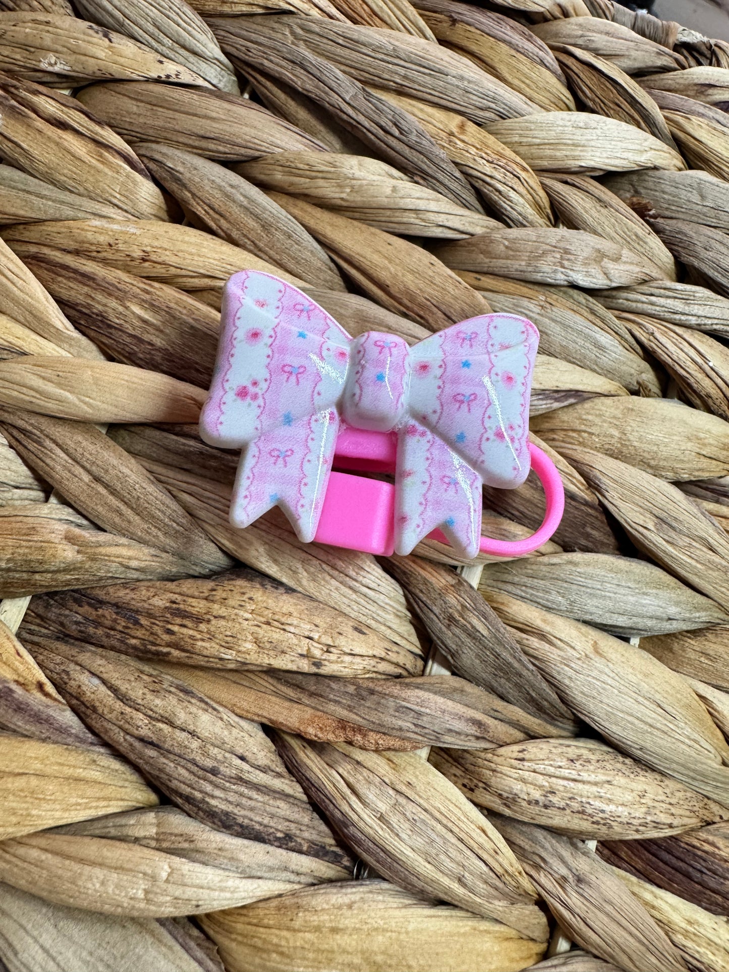 Small Bow Straw Topper Pink Winter Design